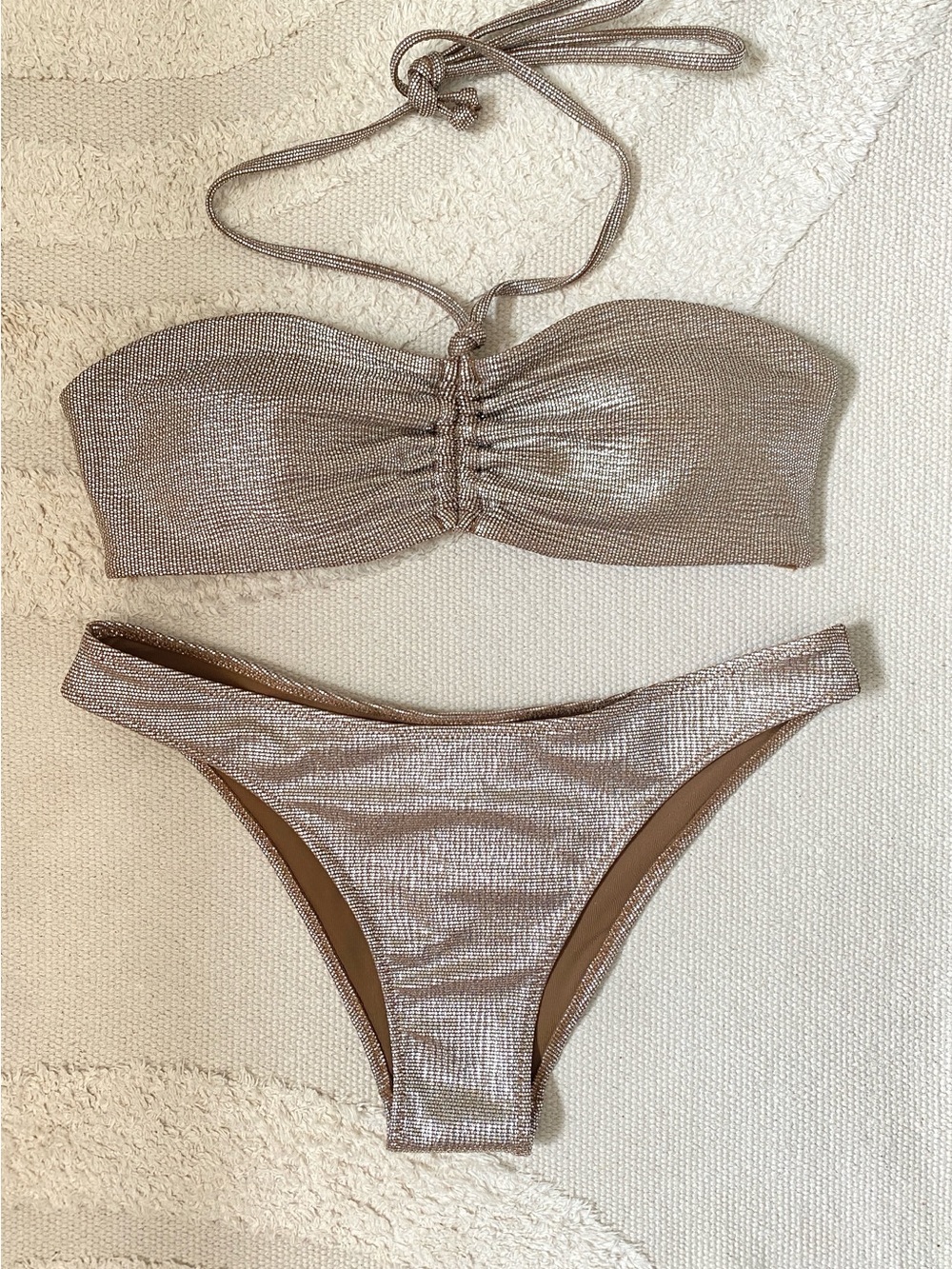 H&M Brown & Silver Metallic Bandeau Bikini Set | High Leg Cheeky Bottoms | Sz 10